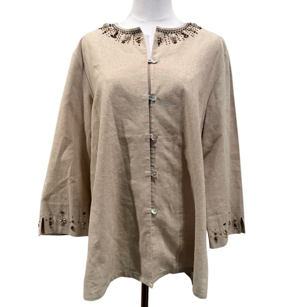 Alfred Dunner Beige Linen Blend Beaded Embellished Button Jacket 14 Resort Luxe